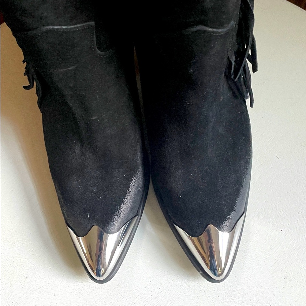 FREE PEOPLE Black Suede Boots Fringe Western Festival Silver Toe Tips Caps 40 10 - Picture 5 of 12